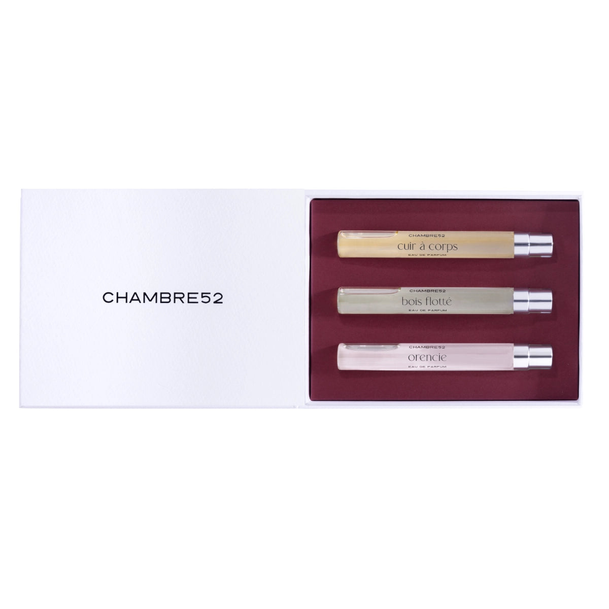 Chambre52 - Travel Set Paris mit drei 10-ml-Duftfläschchen in eleganter weißer Geschenkbox auf hellem Hintergrund