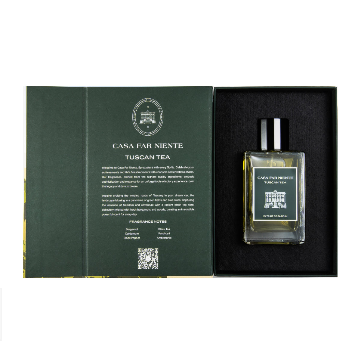 Casa Far Niente - Tuscan Tea Parfumflakon in edler Geschenkverpackung mit grünem Design und schwarzem Einsatz