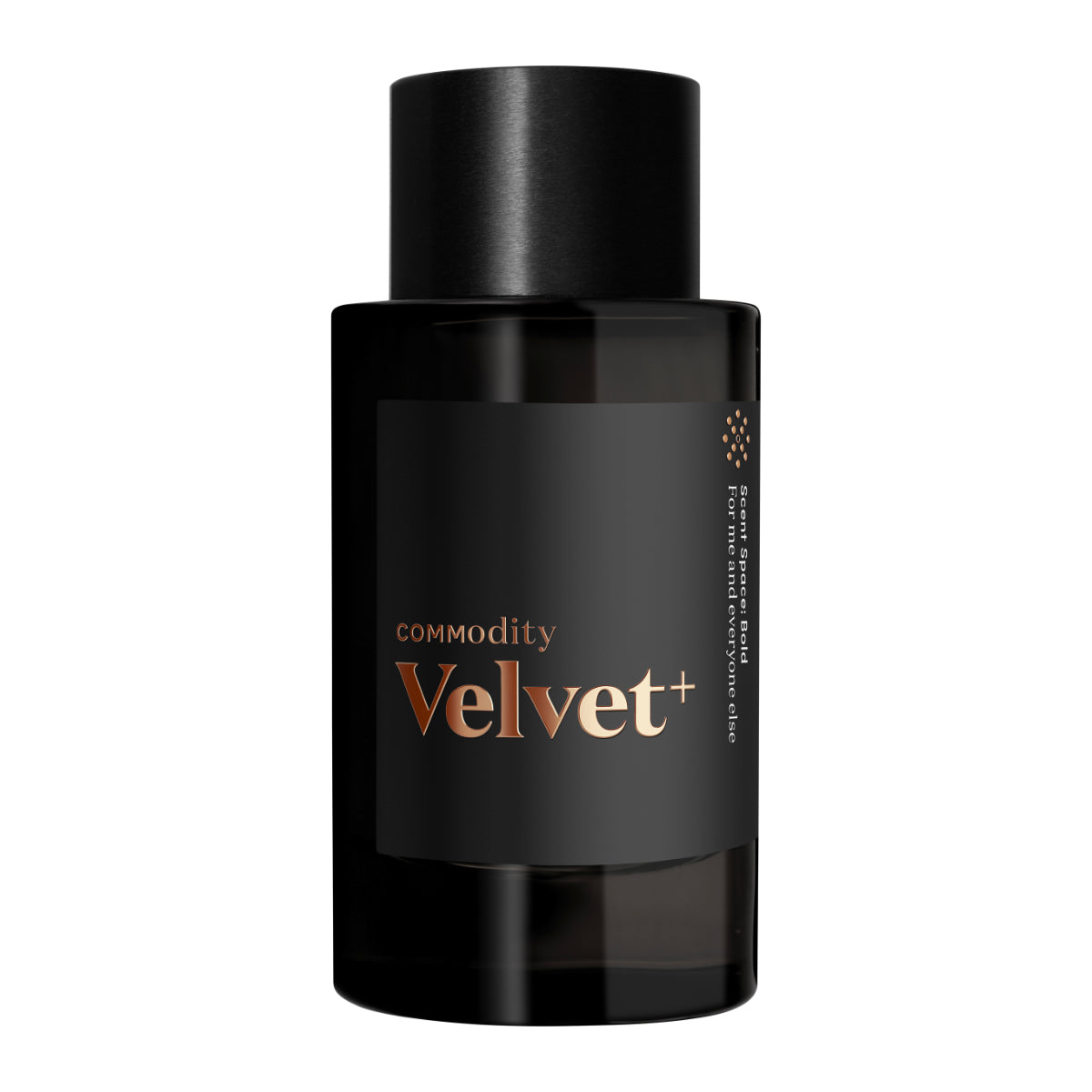 Commodity - Velvet+ schwarzer Flakon mit elegantem kupferfarbenem Schriftzug vor weißem Hintergrund