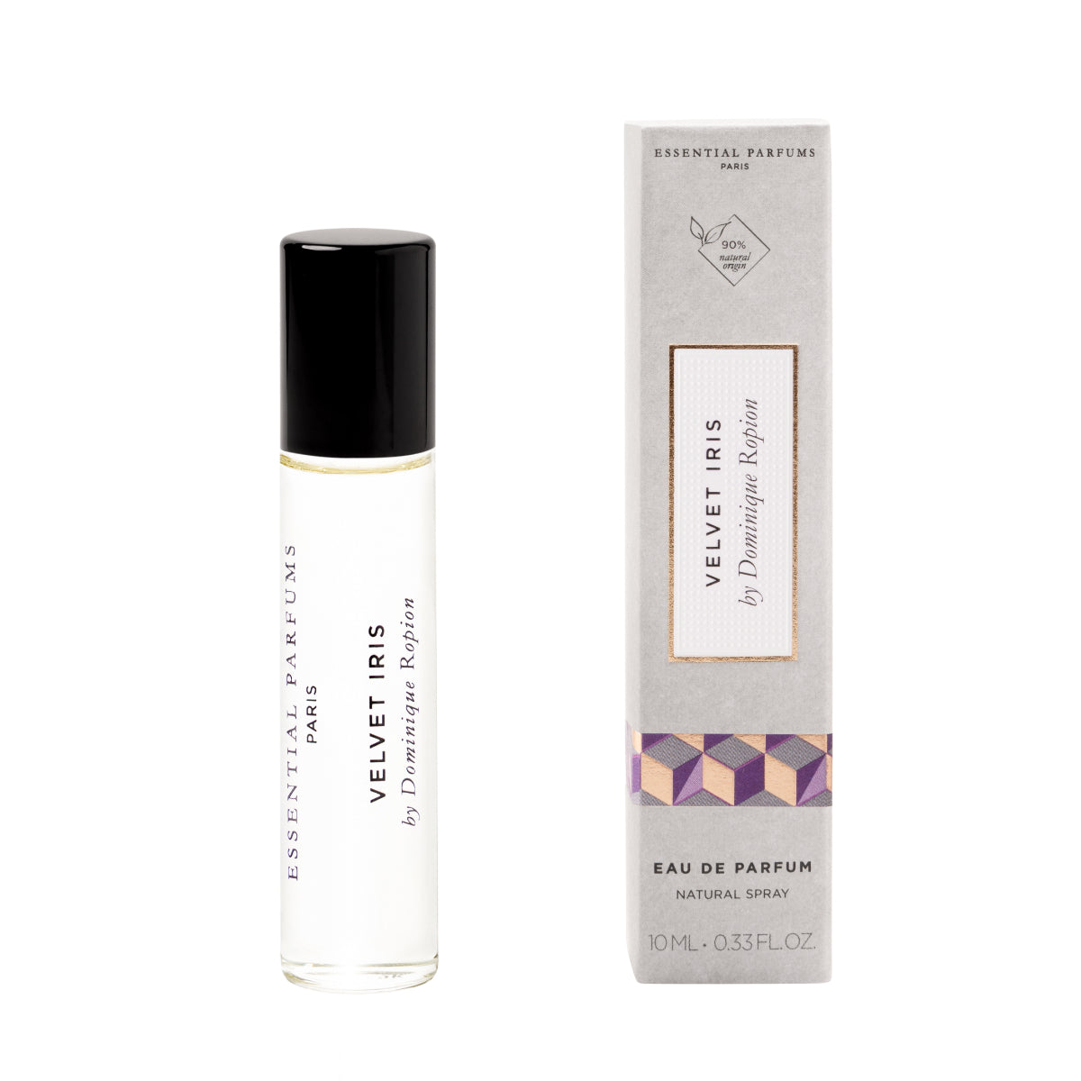 Essential Parfums - Velvet Iris Parfumroll-on mit schwarzem Deckel und rechteckiger Verpackung auf weißem Hintergrund