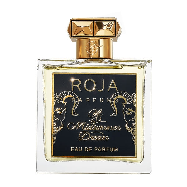 Roja Parfums - A Midsummer Dream Parfumflakon mit klarem Glas, schwarzem Etikett und goldenem Verschluss vor weißem Hintergrund