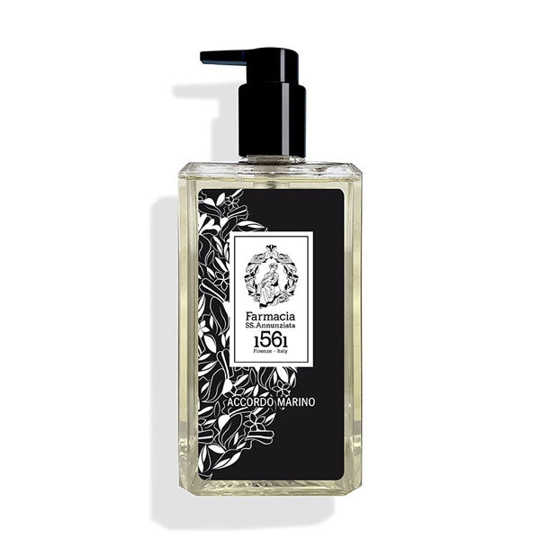 Farmacia SS. Annunziata - Accordo Marino - Duschgel in rechteckiger Flasche mit schwarzem Pumpspender und floralem Design