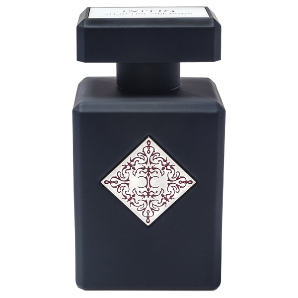Initio - The Absolutes - Mystic Experience Parfümflakon in mattem Schwarz mit dekorativem, weiß-rotem Ornament vor weißem Hintergrund