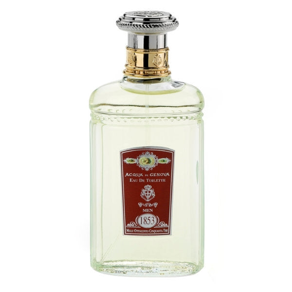 Acqua di Genova - 1853 Anniversario - Herren Glasflakon mit goldenem und silbernem Verschluss vor weißem Hintergrund