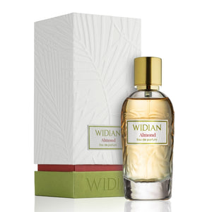 Widian - Rose Arabia Collection - Almond Parfumflakon mit goldfarbenem Verschluss und strukturierter heller Verpackung