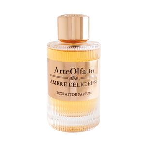 ArteOlfatto - Ambre Délicieuse Parfumflakon mit warmem Ambra-Ton und elegantem goldfarbenen Verschluss auf weißem Hintergrund