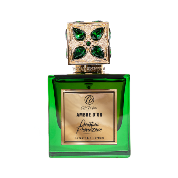 Christian Provenzano - Ambre d'Or Parfumflakon in grünem Glas mit verziertem goldfarbenem Verschluss und elegantem Etikett