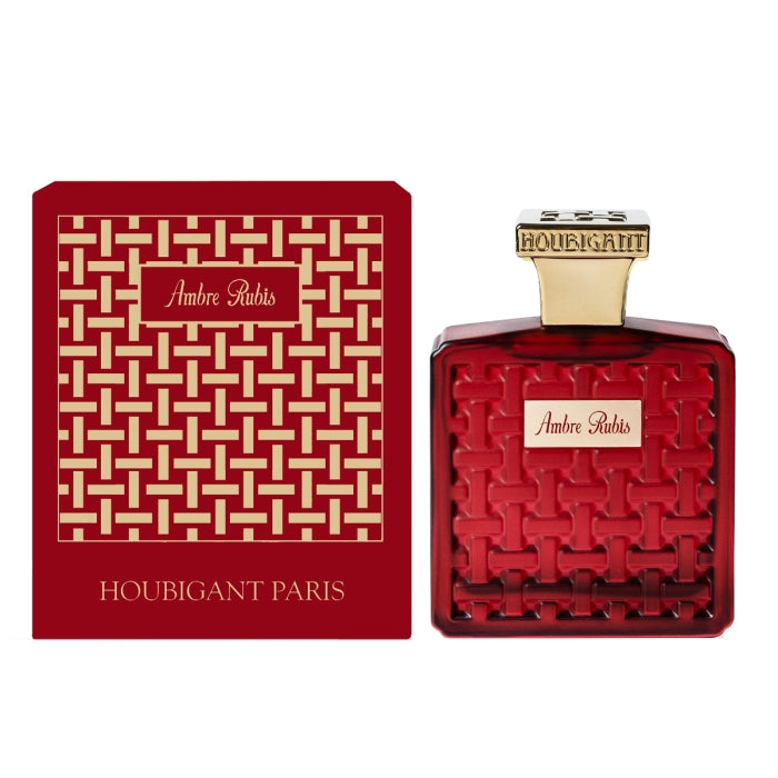 Houbigant - Collection les Ambres - Ambre Rubis Parfumflakon und Verpackung in tiefrotem Design mit goldener Schrift