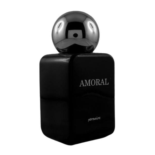 Pernoire - Amoral Parfumflakon in schwarzer, glänzender Flasche mit silberner Kugel als Verschluss vor weißem Hintergrund