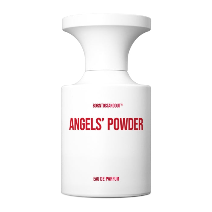 BORNTOSTANDOUT - Angels´ Powder Parfumflakon in schlichtem, weißem Design mit roter Schrift auf weißem Hintergrund