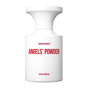 BORNTOSTANDOUT - Angels´ Powder Parfumflakon in schlichtem, weißem Design mit roter Schrift auf weißem Hintergrund