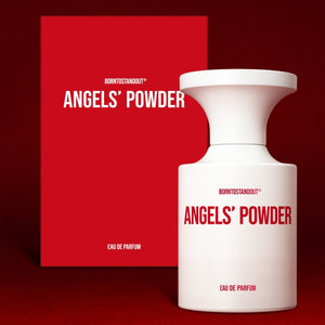 BORNTOSTANDOUT - Angels´ Powder Parfumflakon in modernem weiß mit rotem Schriftzug vor rotem Hintergrund