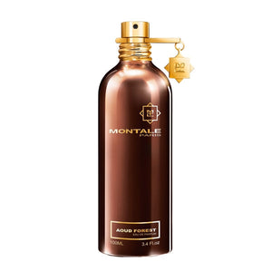 Montale - Aoud Forest brauner Flakon mit goldfarbenem Sprühverschluss und Anhänger vor weißem Hintergrund