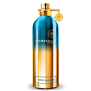 Montale - Aoud Lagoon Parfumflakon in metallic blau-goldener Farbverlauf mit goldenem Spraykopf vor weißem Hintergrund