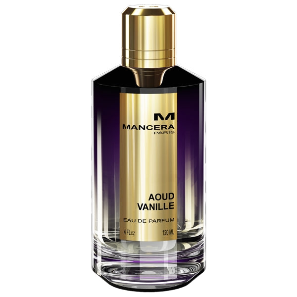 Mancera - Aoud Vanille Parfumflakon mit goldfarbenem Verschluss und fliederfarbenem Farbverlauf im klaren Glasbehälter