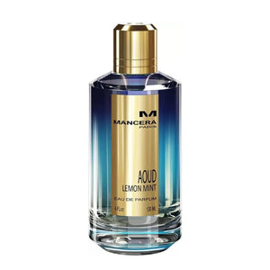Mancera - Aoud Lemon Mint Parfumflakon mit blau-transparentem Glas und goldfarbenem Etikett vor weißem Hintergrund