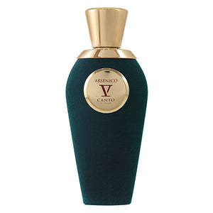 V Canto - Arsenico eleganter Flakon mit samtigem, dunkelgrünem Mantel und goldenem Verschluss vor weißem Hintergrund