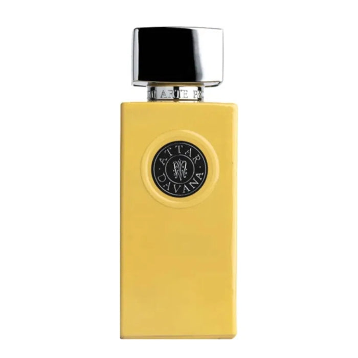 Arte Profumi - Attar Davana Parfumflakon mit gelber Keramikhülle und silbernem Verschluss vor weißem Hintergrund