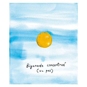 Frédéric Malle - Bigarade Concentrée Illustration einer gelben Bitterorange vor sanftem blauem Aquarellhintergrund