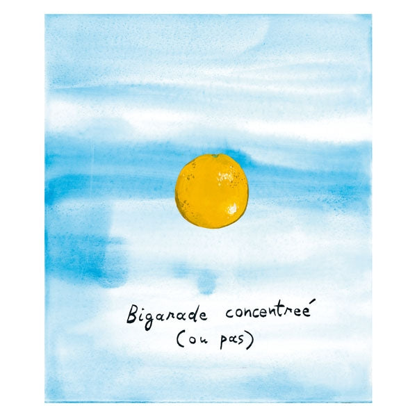 Frédéric Malle - Bigarade Concentrée Illustration einer gelben Bitterorange vor sanftem blauem Aquarellhintergrund