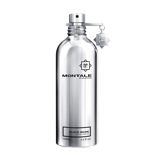 Montale - Black Musk reflektierender silberner Metallflakon mit Anhänger und schwarzer Schrift vor weißem Hintergrund