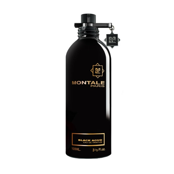 Montale - Black Aoud Parfumflakon in mattschwarzer Optik mit goldener Schrift und Verschluss vor weißem Hintergrund