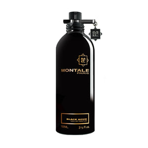 Montale - Black Aoud Parfumflakon in mattschwarzer Optik mit goldener Schrift und Verschluss vor weißem Hintergrund