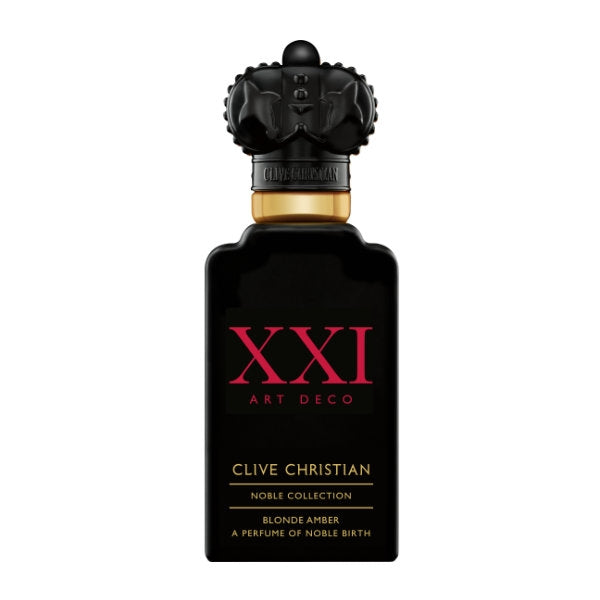 Clive Christian - Noble Collection - Blonde Amber zeigt schwarzen Flakon mit goldenen Details und roter XXI Schrift auf weißem Hintergrund