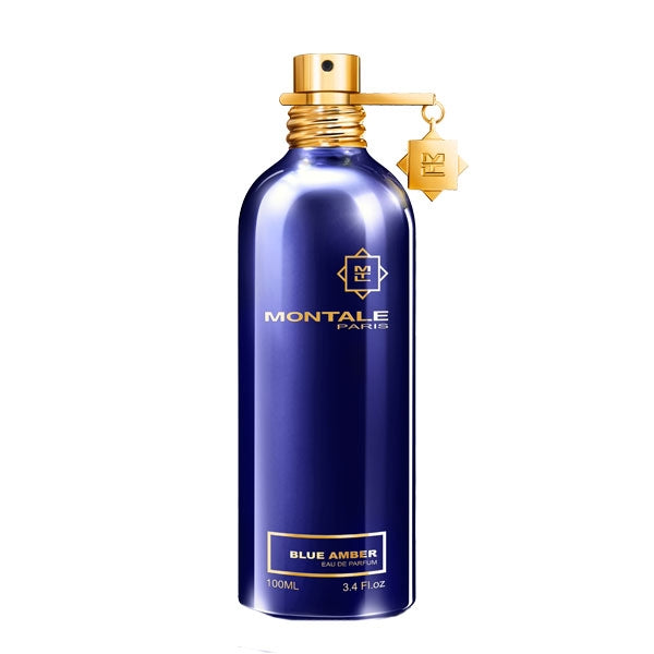 Montale - Blue Amber Parfumflakon in glänzendem Blau mit goldenem Zerstäuber und Logo vor weißem Hintergrund