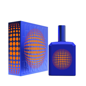 Histoires de Parfums - This is not a Blue Bottle 1.6, blauer Flakon mit orangefarbenem Punktemuster und passender Verpackung vor weißem Hintergrund