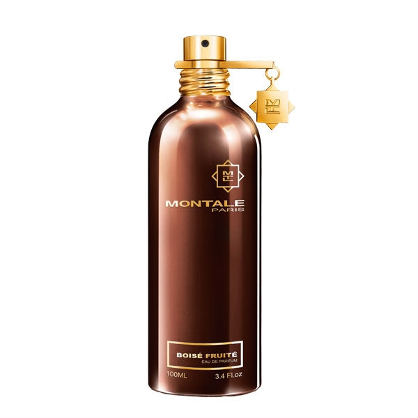 Montale - Boisé Fruité Parfumflakon in warmem Braun mit goldenem Verschluss und dekorativem Anhänger vor weißem Hintergrund