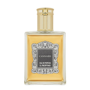 Il Profumo - Cannabis Parfumflakon mit goldfarbenem Verschluss und elegantem schwarzen Etikett vor weißem Hintergrund