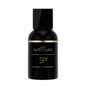 Les Eaux Primordiales - Cèdre Superfluide Parfumflakon in elegantem Schwarz mit goldenen Akzenten vor weißem Hintergrund