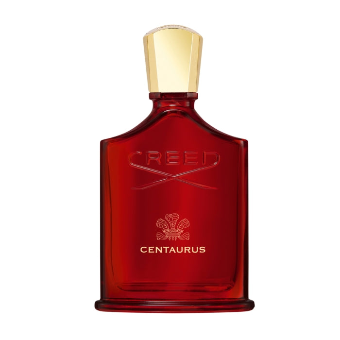 Creed - Centaurus Parfümflakon in tiefrotem Glas mit goldfarbenem Verschluss und elegantem minimalistischen Design