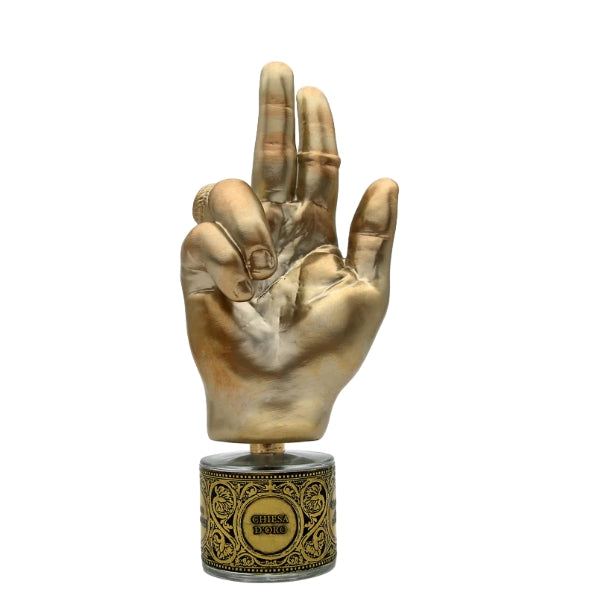 Filippo Sorcinelli - Memento - Chiesa d'oro goldener Handflakon mit kunstvoller Verzierung und Siegelring auf Sockel