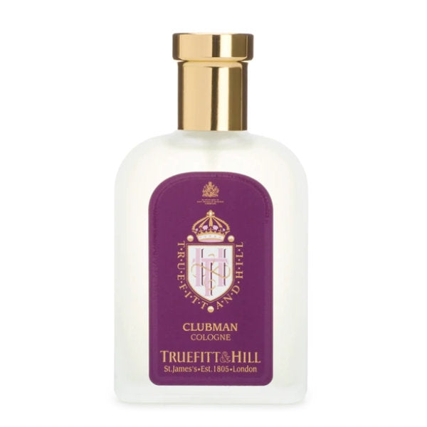 Truefitt & Hill - Clubman - Cologne mit klarem Flakon und goldenem Verschluss vor weißem Hintergrund