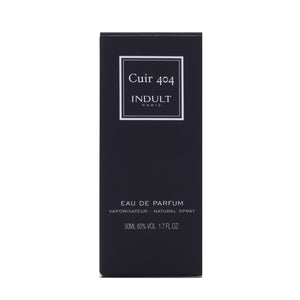 Indult - Cuir 404 zeigt elegante schwarze Verpackung mit schlichtem weißem Schriftzug und minimalistischem Design