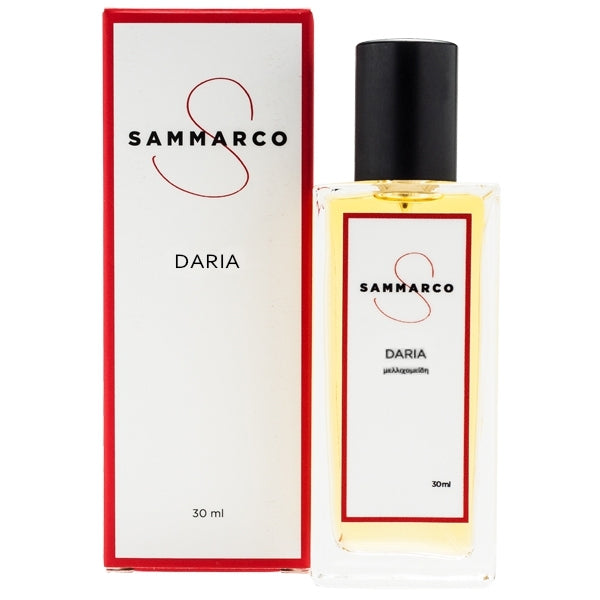 Sammarco - Daria Parfumflakon mit bernsteinfarbener Flüssigkeit und schwarzem Verschluss neben weiß-roter Verpackung