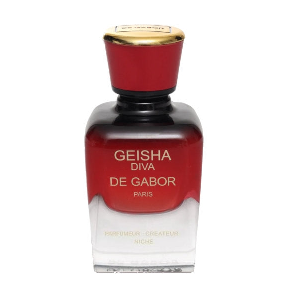 De Gabor - Geisha Diva präsentiert Flakon mit elegantem rotem Oberteil und goldfarbenem Deckel im edlen Design