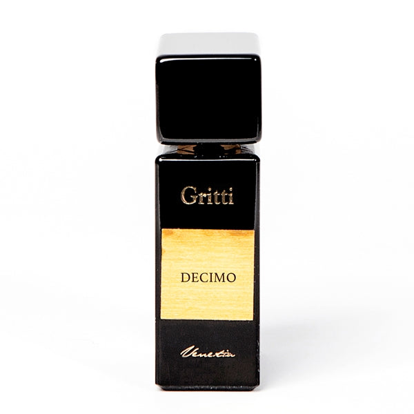 Gritti - Black Collection - Decimo Parfumflakon in elegantem schwarzem Design mit goldfarbenem Etikett vor weißem Hintergrund