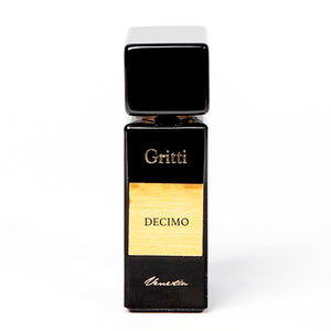 Gritti - Black Collection - Decimo Parfumflakon in elegantem schwarzem Design mit goldfarbenem Etikett vor weißem Hintergrund