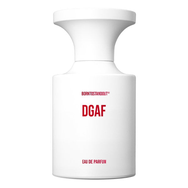 BORNTOSTANDOUT - DGAF Parfumflakon in reinem Weiß mit roter Schrift auf schlichtem hellen Hintergrund