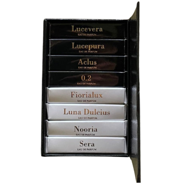 Accendis - Discovery Set mit sieben Parfümproben in schwarzer und weißer Verpackung elegant präsentiert