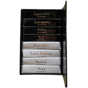 Accendis - Discovery Set mit sieben Parfümproben in schwarzer und weißer Verpackung elegant präsentiert