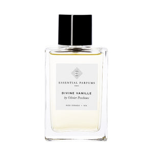 Essential Parfums - Divine Vanille Parfumflakon mit schwarzem Verschluss vor weißem Hintergrund