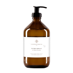 Essential Parfums - Divine Vanille - Liquid Soap in brauner Flasche mit schwarzem Pumpspender für sanfte Hand- und Körperpflege