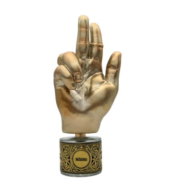 Filippo Sorcinelli - Memento - Dòmm kunstvoll gestaltete goldene Handfigur mit detailreichem Sockel und filigranen Ornamenten