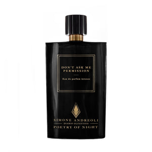 Simone Andreoli - Don't ask me permission Parfumflakon in elegantem schwarzem Design mit goldenen Akzenten vor weißem Hintergrund