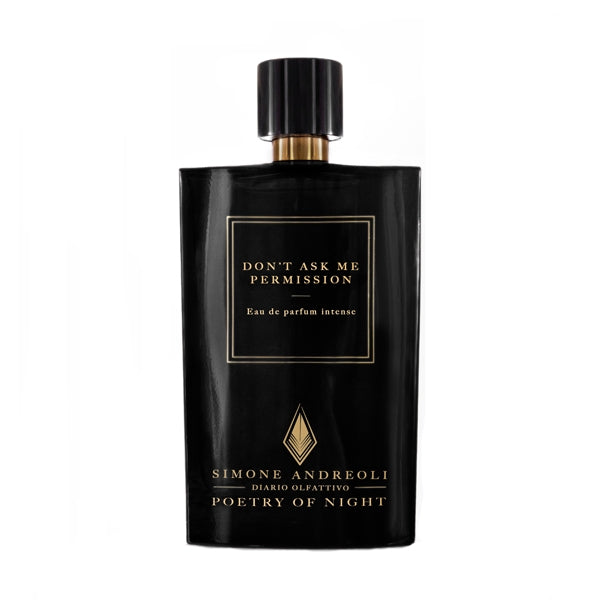 Simone Andreoli - Don't ask me permission Parfumflakon in elegantem schwarzem Design mit goldenen Akzenten vor weißem Hintergrund