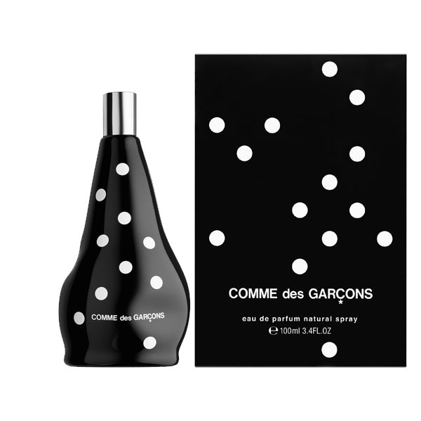Comme des Garçons - DOT schwarzer Flakon und passende Verpackung mit weißem Punktmuster vor weißem Hintergrund